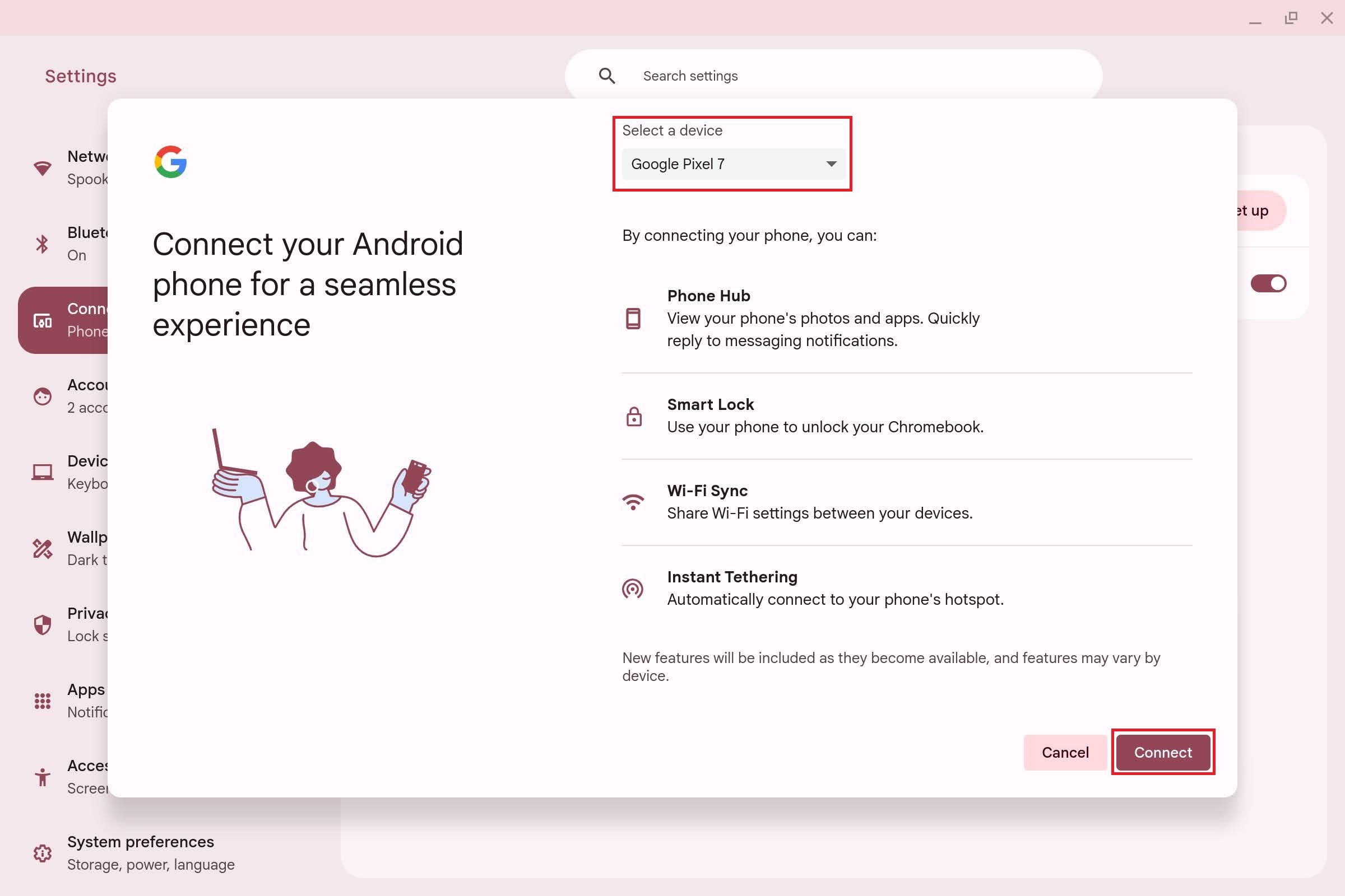 O pop-up Conecte seu telefone Android para uma experiência perfeita aparece com caixas vermelhas ao redor do menu suspenso Selecione um dispositivo e do botão Conectar