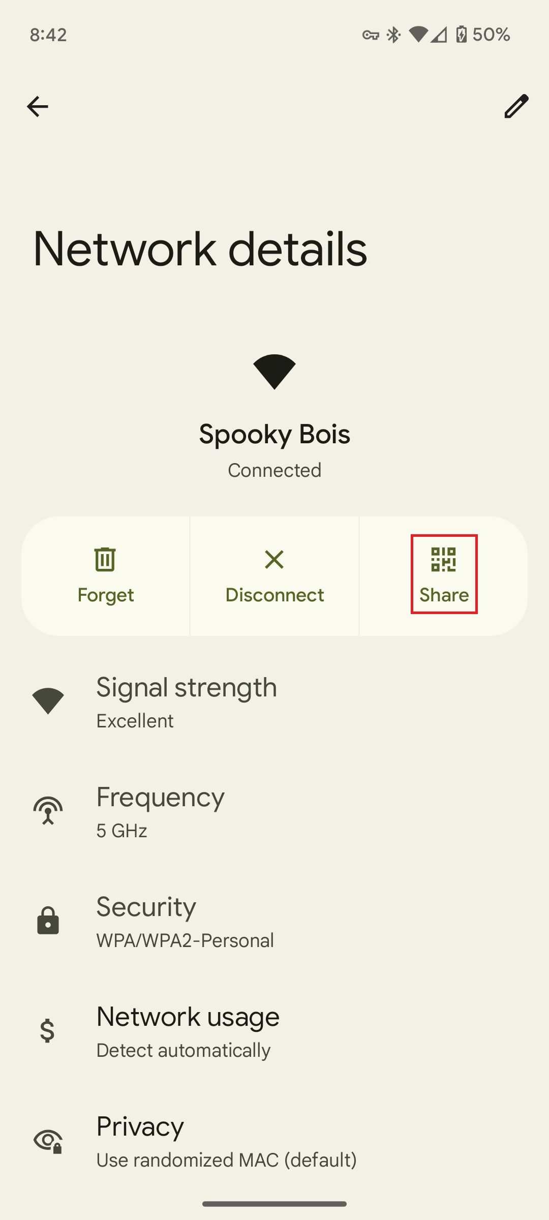 Configurações de Wi-Fi em um telefone Android com uma caixa vermelha ao redor da opção Compartilhar