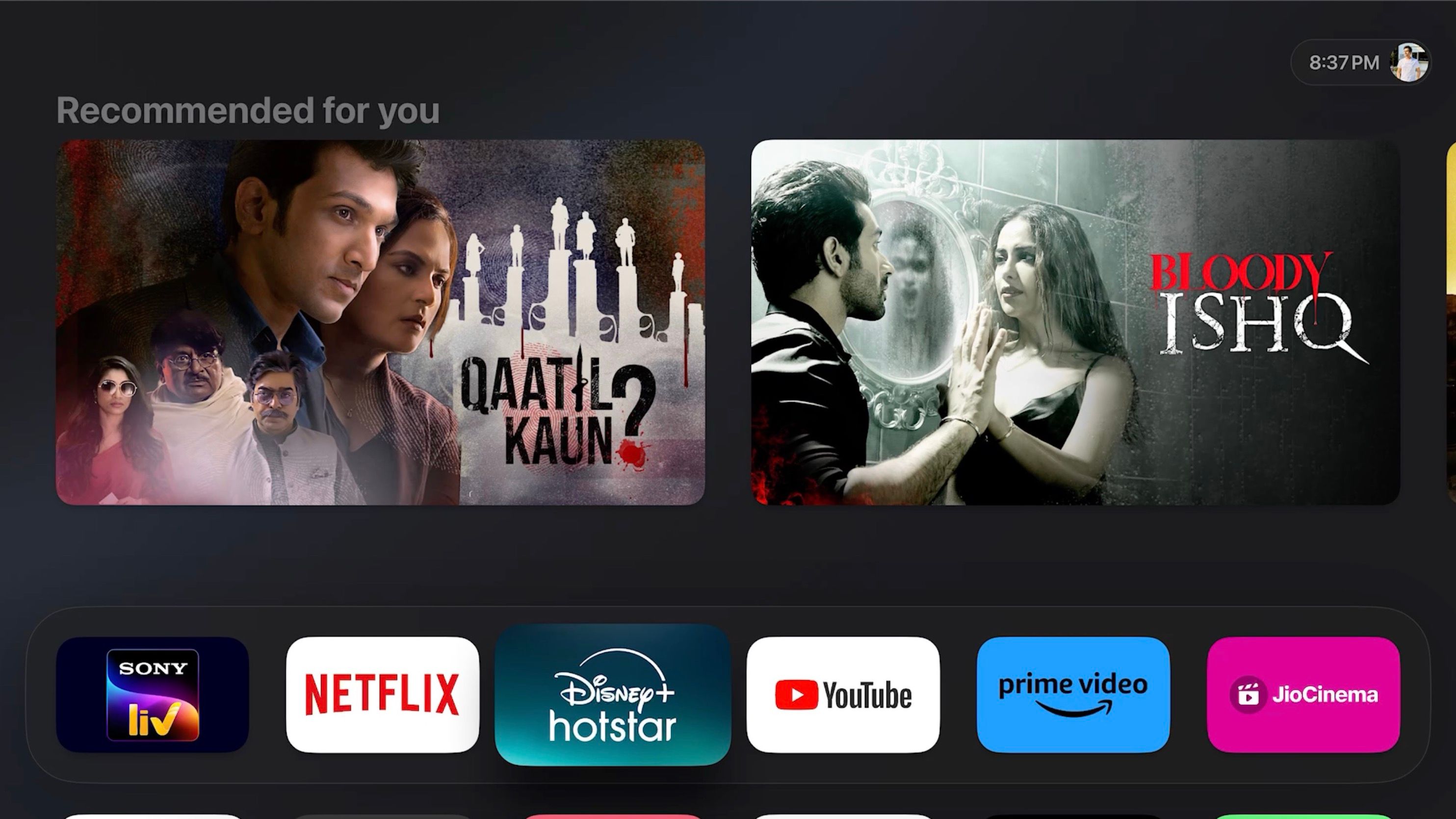 Linha superior da Apple TV com aplicativos favoritos