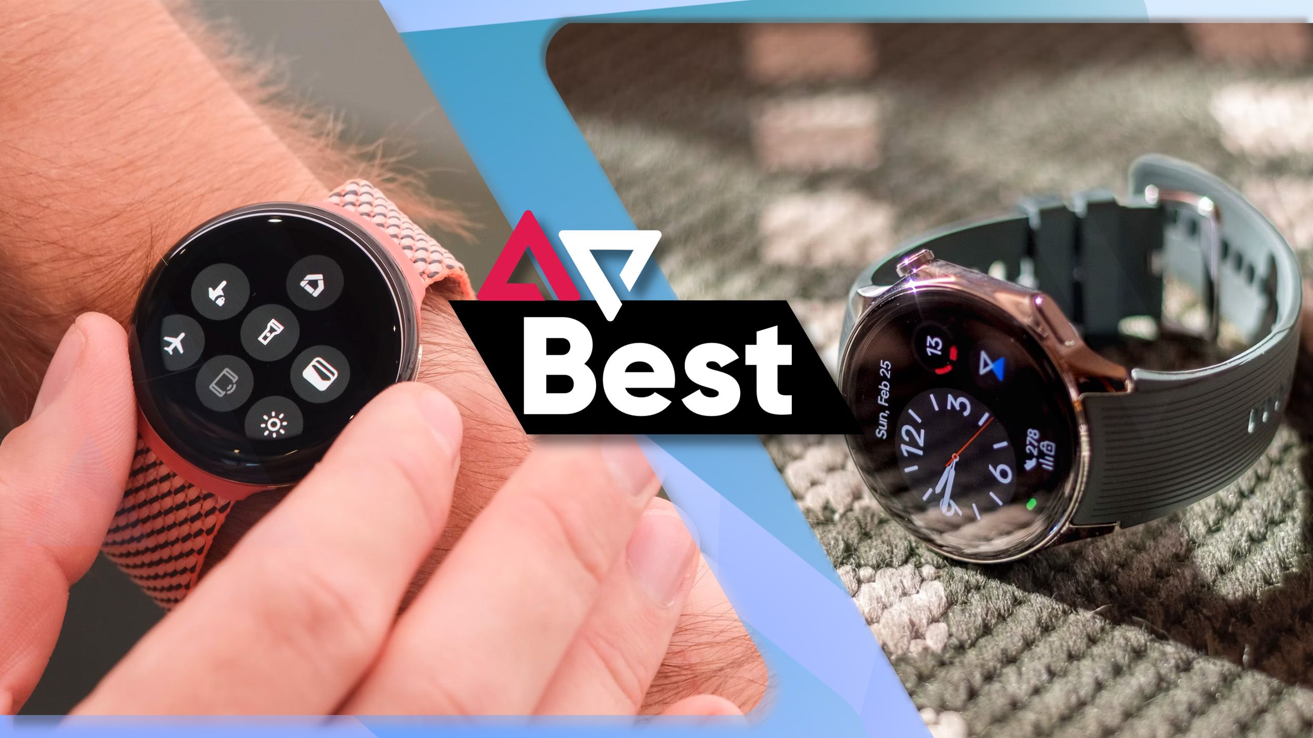 Fotos do OnePlus Watch 2 e Pixel Watch 2 lado a lado com o logotipo da AP Best