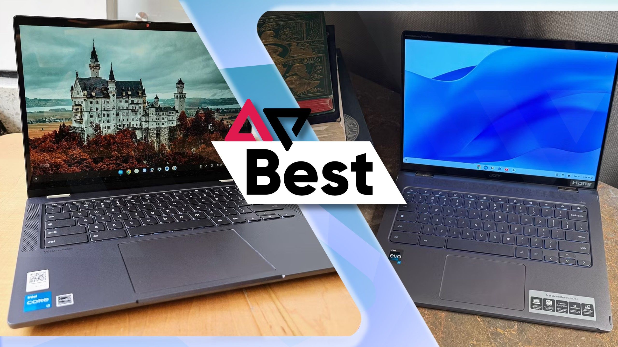 Dois dos melhores Chromebooks retratados lado a lado com a tampa aberta e o logotipo da AP Best exibido entre eles.