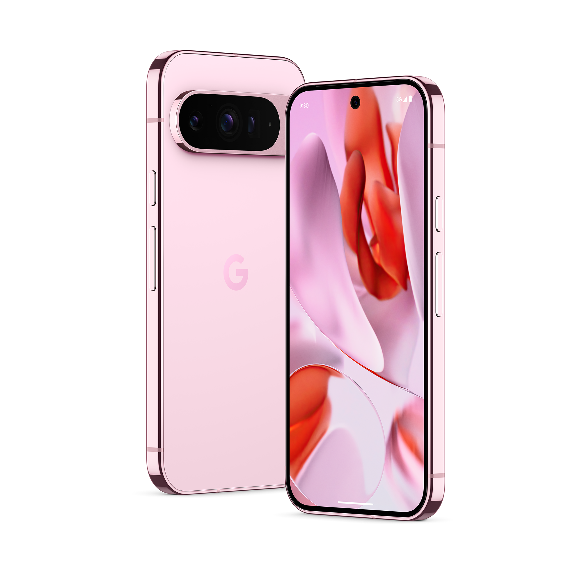 Renderização do Google Pixel 9 Pro em rosa sobre fundo branco.