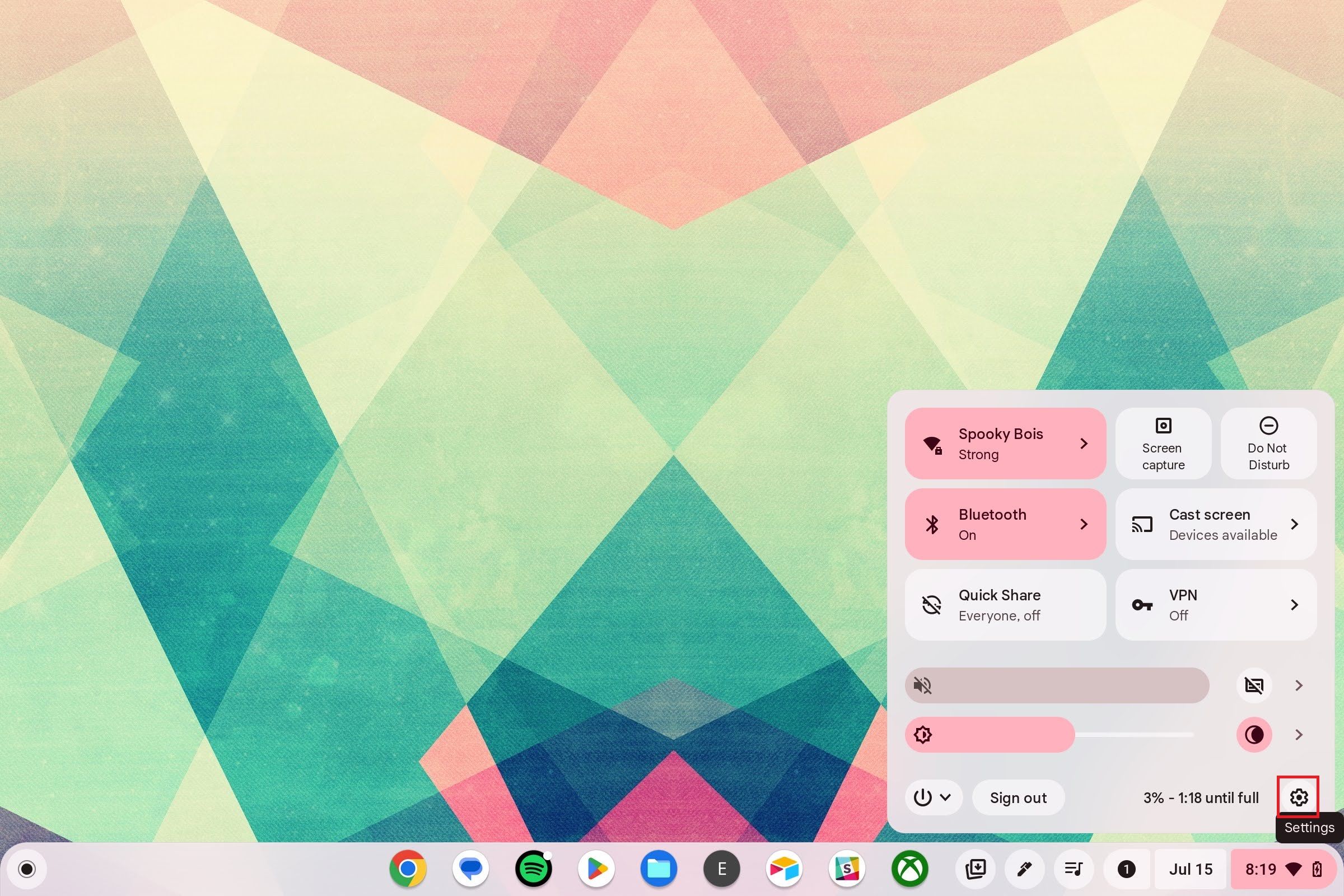 Uma tela inicial do Chromebook com o menu de configurações rápidas aberto e a engrenagem de configurações destacada com uma caixa vermelha