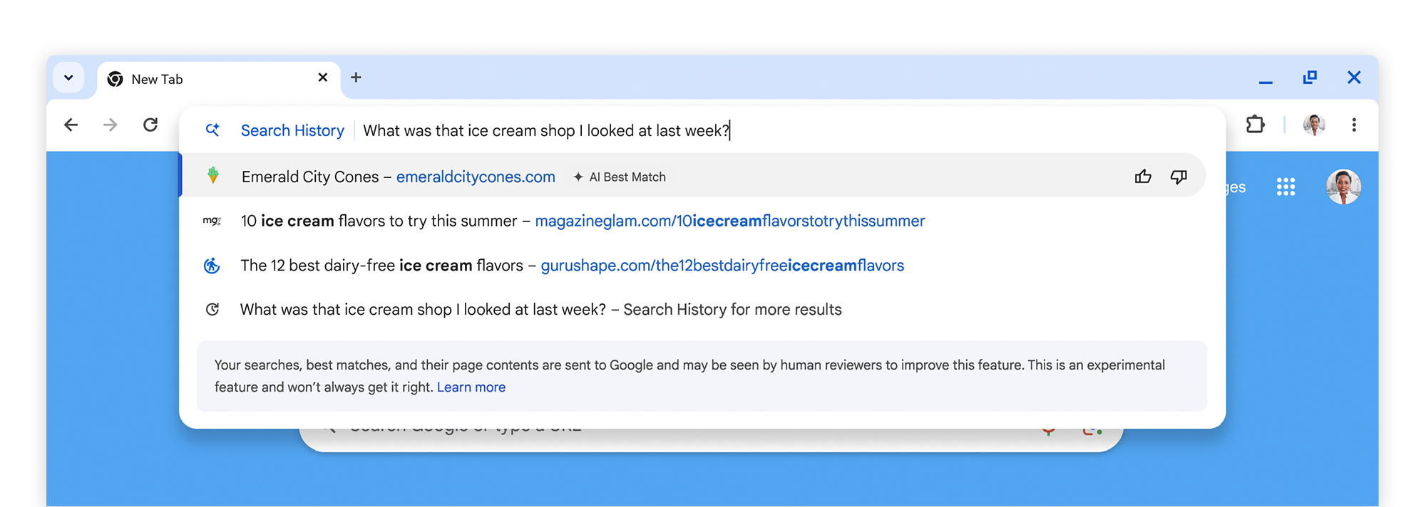 Uma captura de tela do novo recurso de pesquisa de histórico do Chrome que permite pesquisar páginas visitadas anteriormente por meio do contexto.