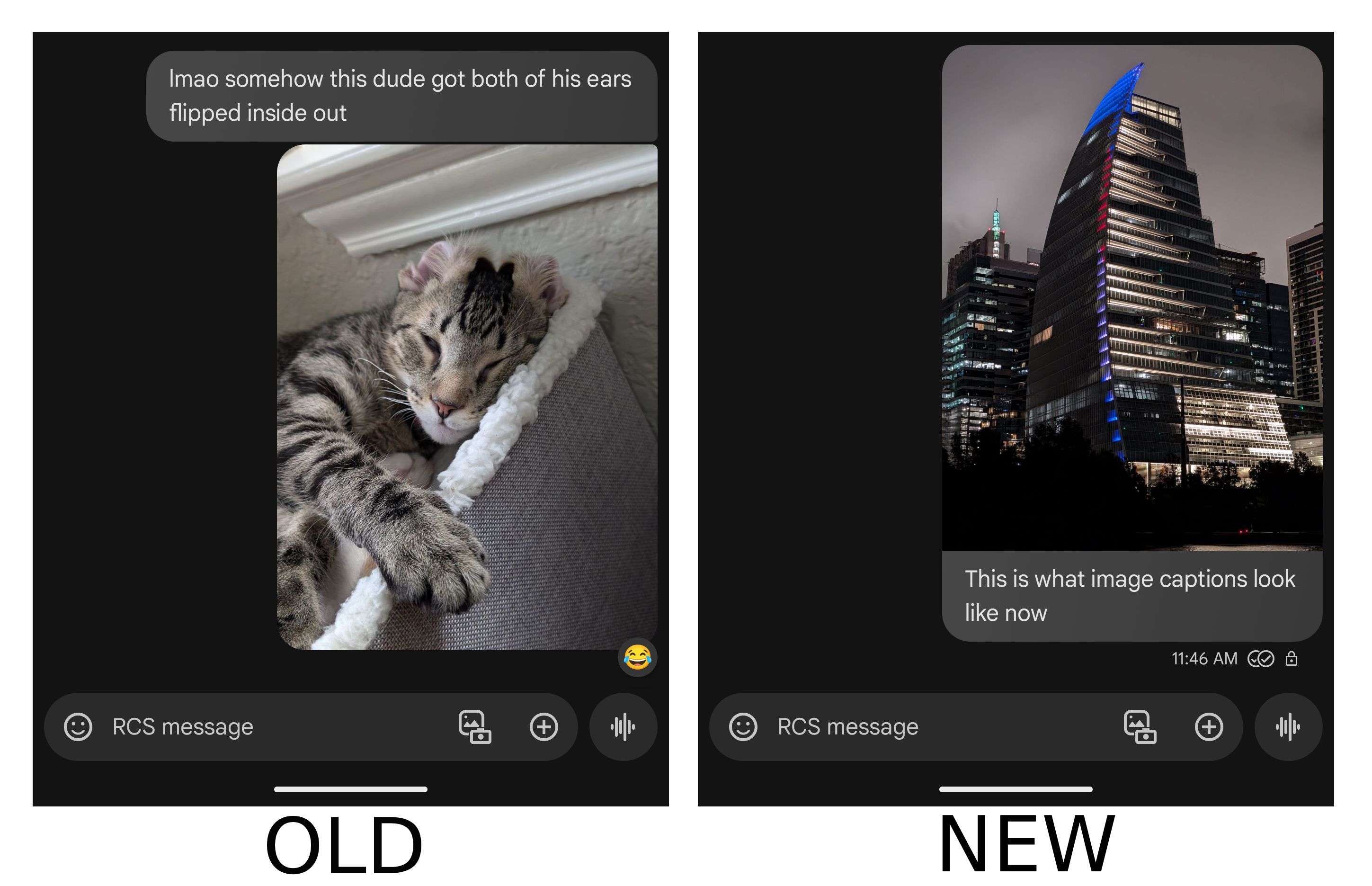 Capturas de tela da interface do Google Mensagens destacando como as legendas das imagens costumavam ser exibidas em comparação com como são exibidas agora.