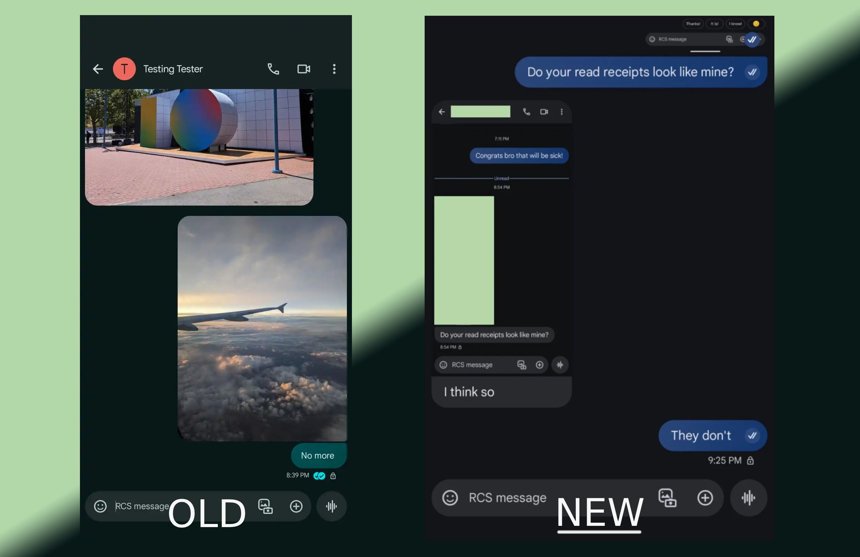 Capturas de tela da interface de usuário antiga e nova do recibo de leitura do Google Mensagens.