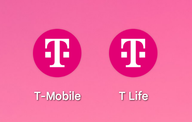 Captura de tela mostrando o aplicativo T-Mobile e o aplicativo T Life lado a lado com ícones idênticos.