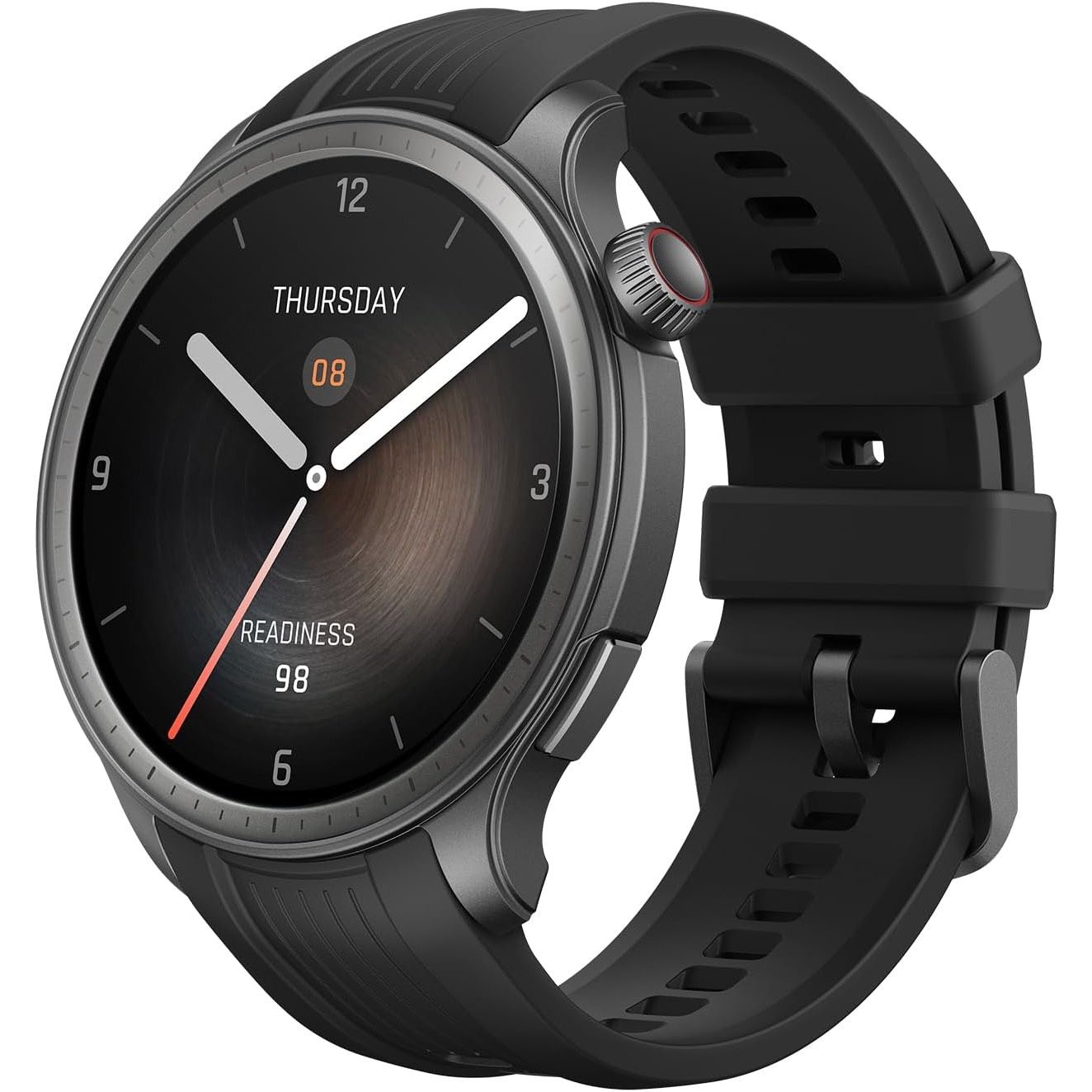 Ângulo lateral do smartwatch Amazfit Balance em fundo branco 