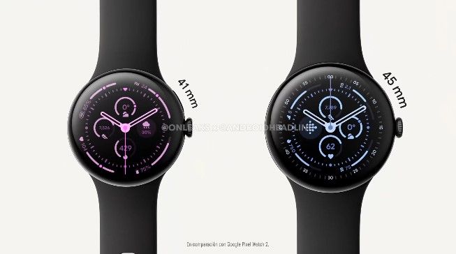 Captura de tela de um vídeo promocional vazado do Pixel Watch 3 mostrando os tamanhos do próximo wearable.