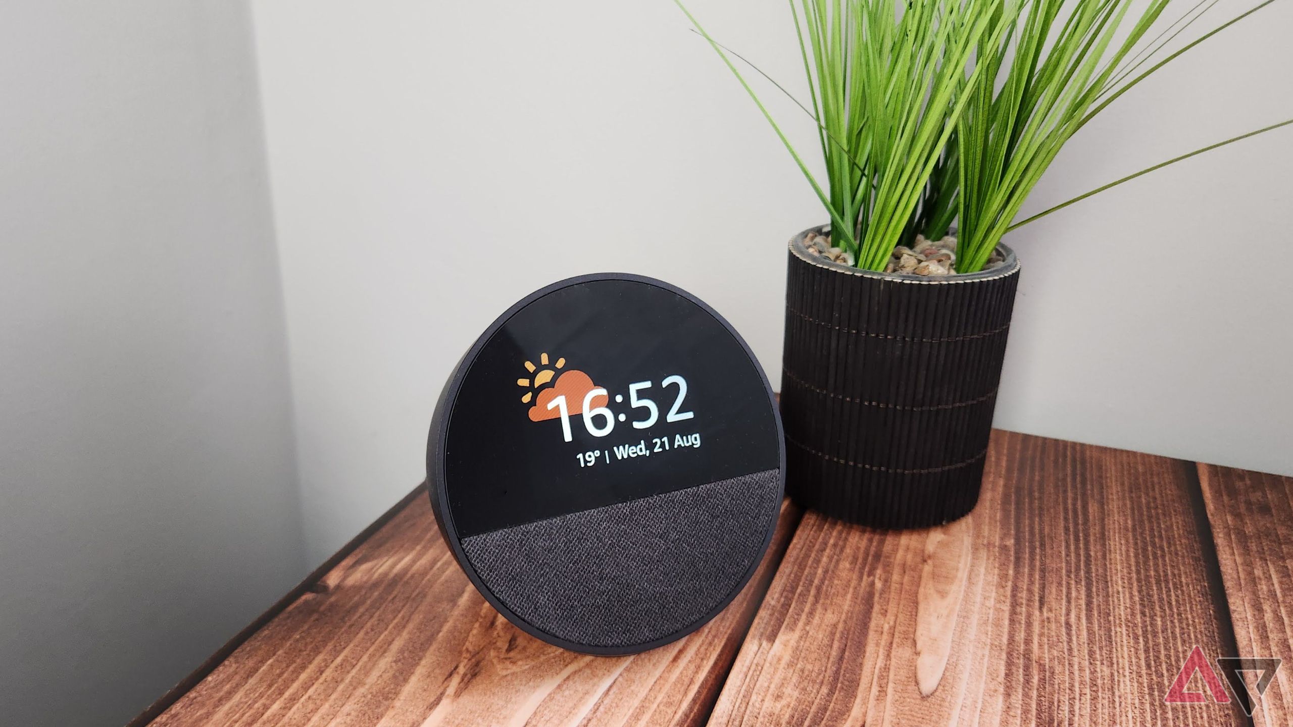 Amazon Echo Spot em uma mesa de madeira ao lado de uma planta verde