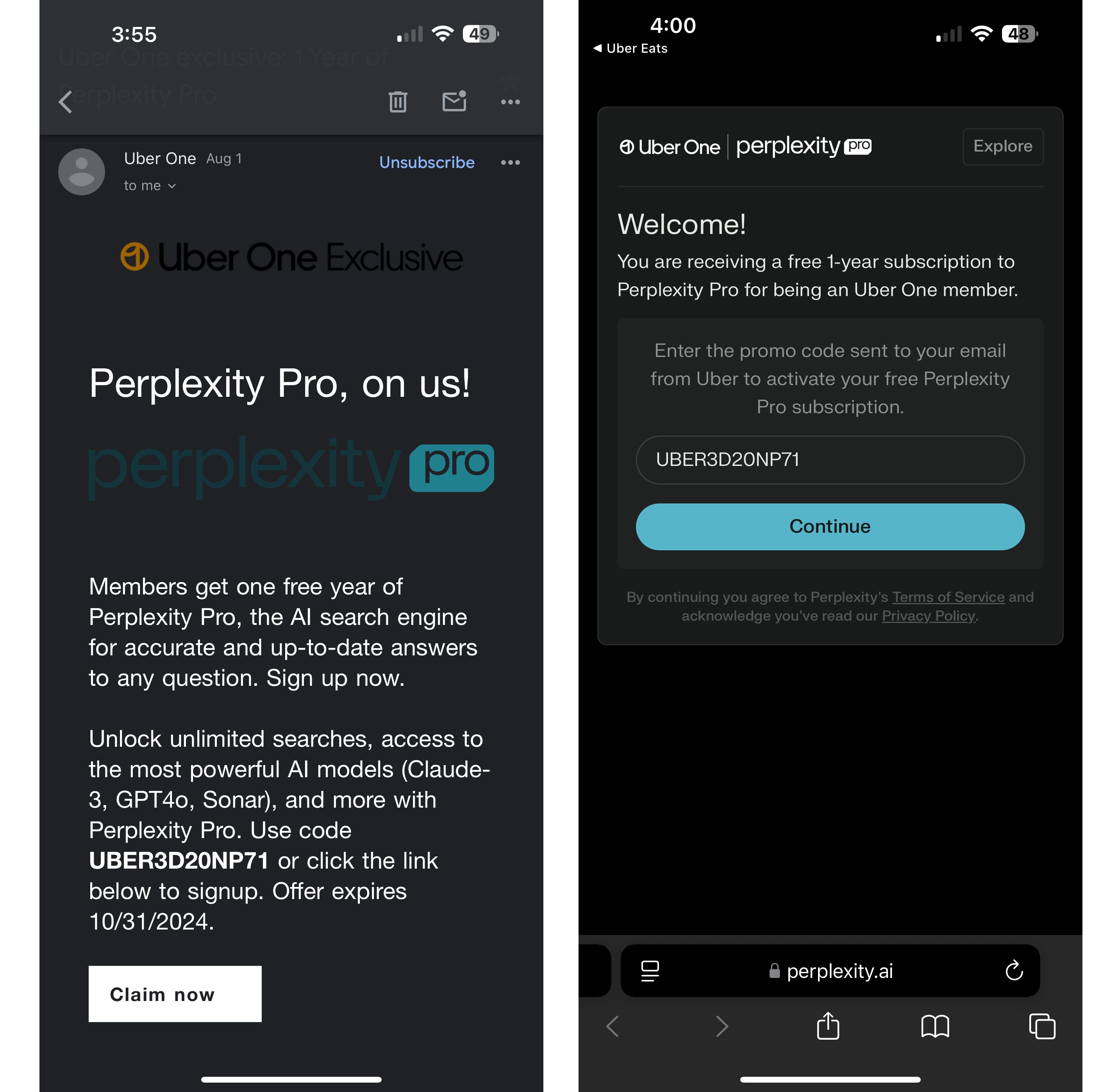 Capturas de tela do e-mail promocional Uber One x Perplexity.