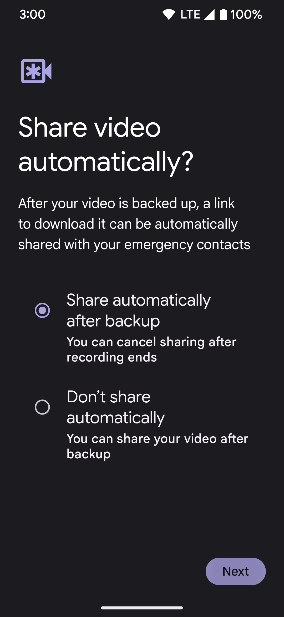 Configurações de vídeo adicionais ao finalizar a configuração do recurso SOS de Emergência.