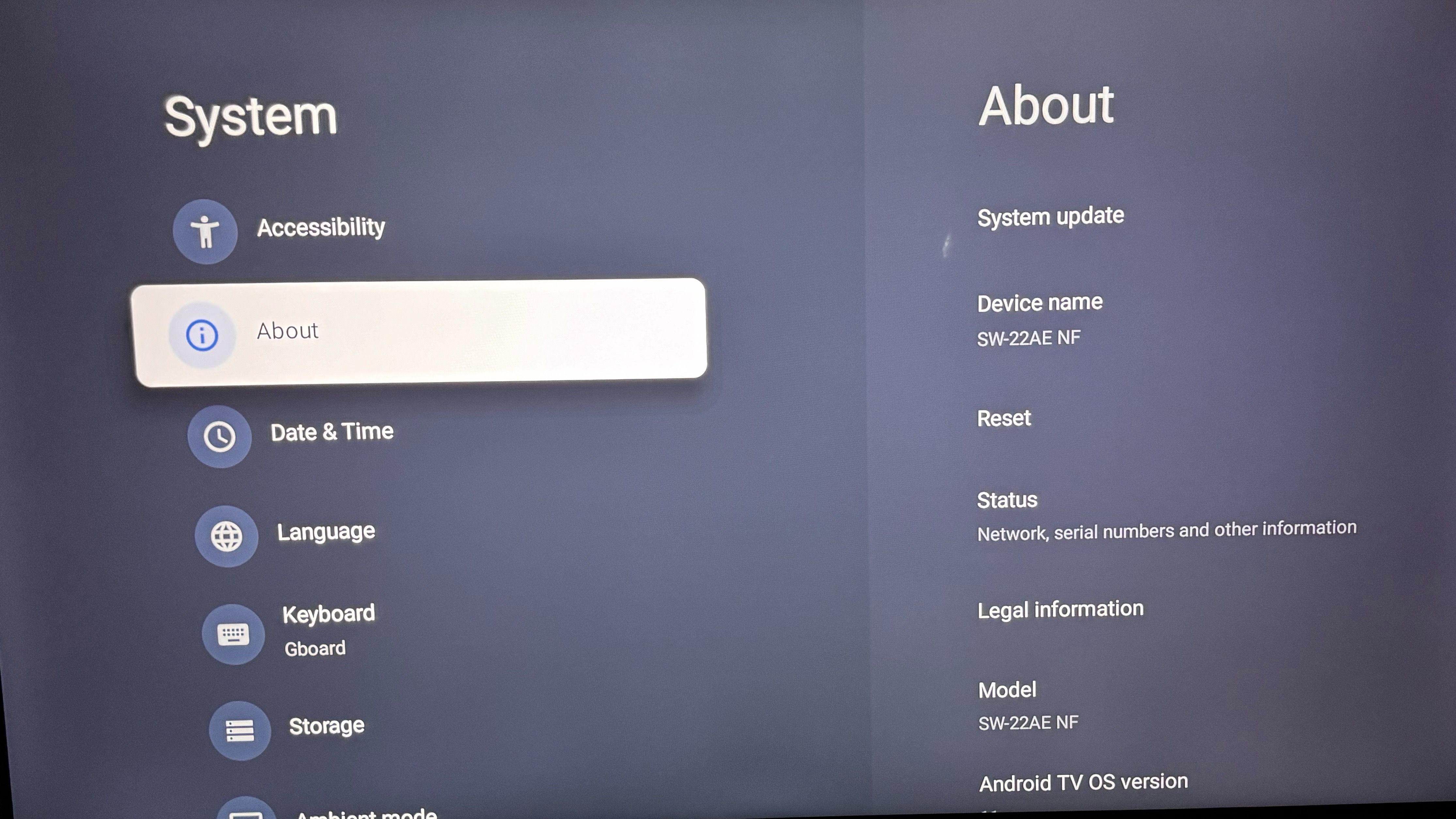 Sobre o menu nas configurações do Google TV