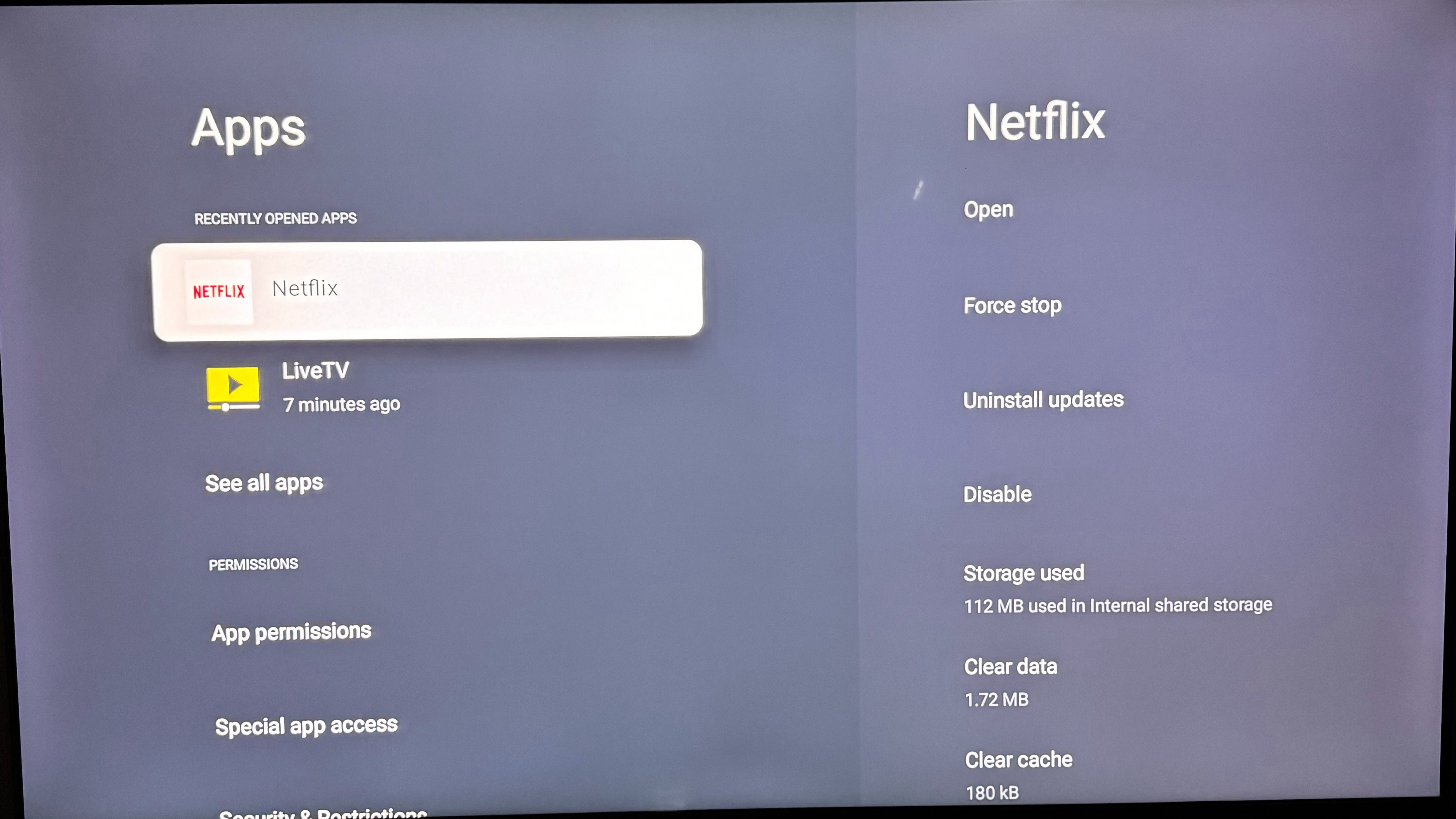 Forçar parada de um aplicativo nas configurações do Google TV