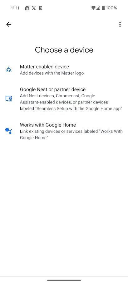 Aplicativo Google Home mostrando a tela Escolha um dispositivo