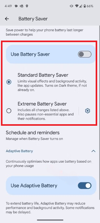 Captura de tela destacando o uso do Battery Saver no Pixel 9 Pro