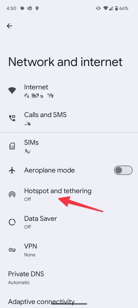 Captura de tela destacando Hotspot e tethering no Pixel 9 Pro