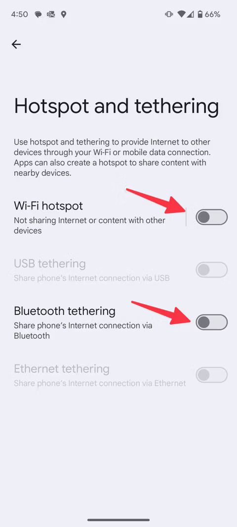 Captura de tela destacando o ponto de acesso Wi-Fi e o tethering Bluetooth no Pixel 9 Pro