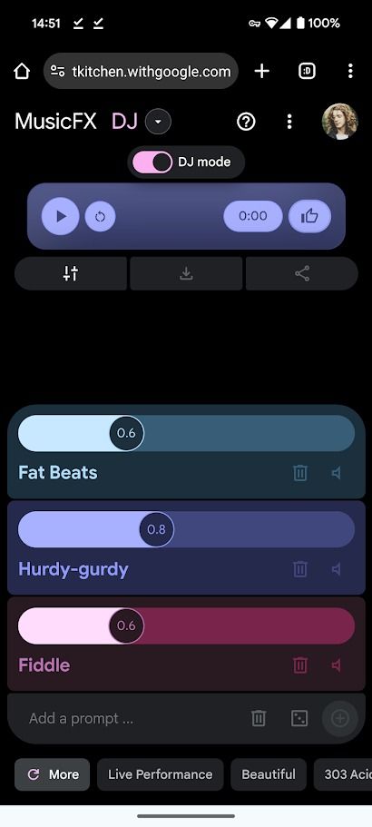 ferramenta de geração de IA de música do Google no celular mostrando três controles deslizantes coloridos diferentes