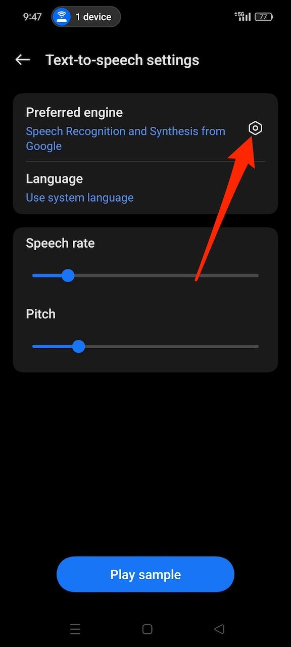 Seta selecionando o ícone de engrenagem ao lado do mecanismo preferido no menu de conversão de texto em voz do Android