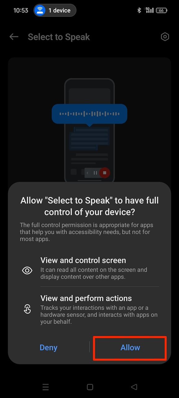 Concedendo permissão de controle total do dispositivo para Selecionar para Falar no Android