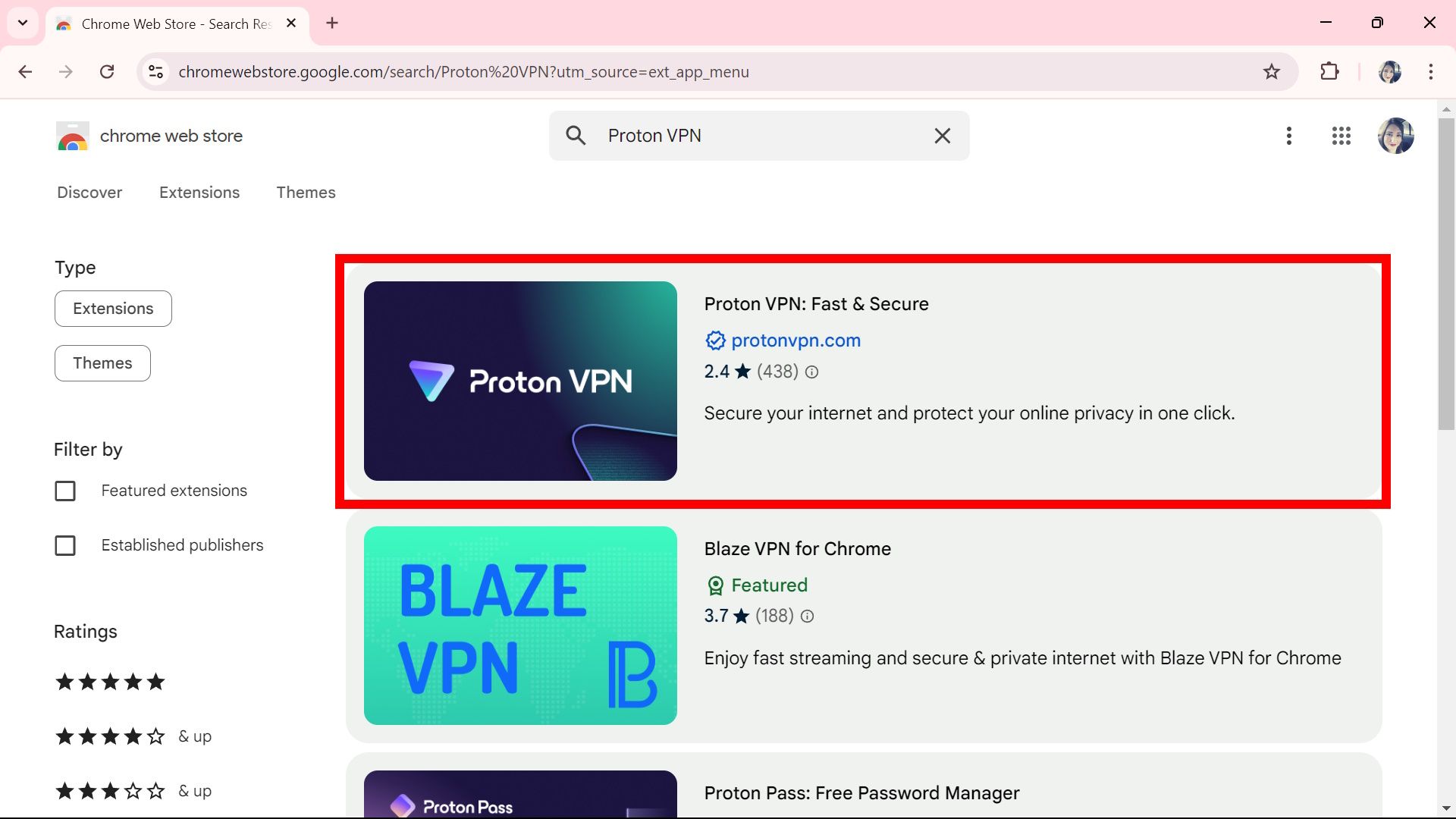 Contorno de retângulo vermelho destacando Proton VPN: extensão rápida e segura na Chrome Web Store