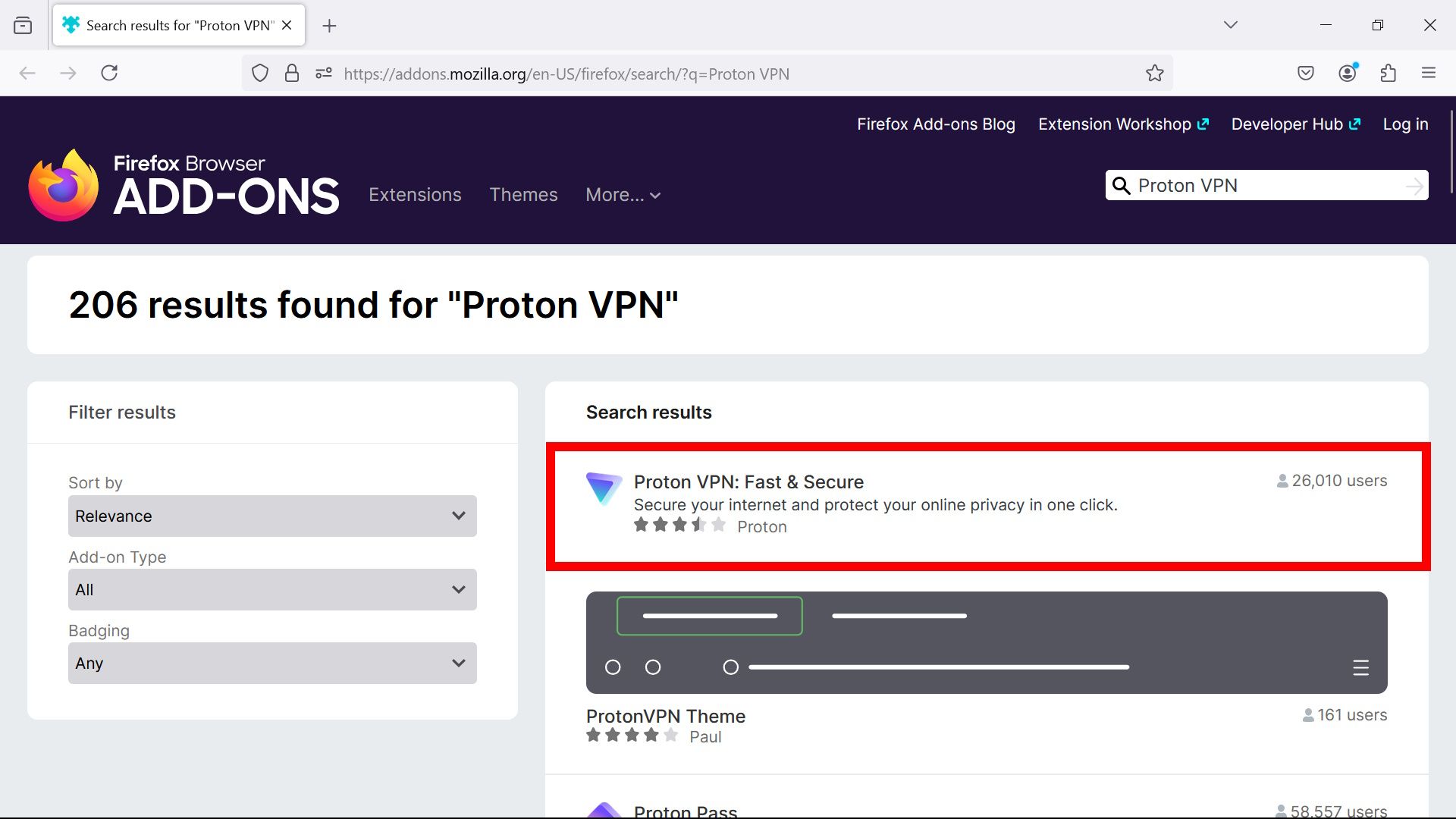 Contorno de retângulo vermelho destacando Proton VPN: rápido e seguro nos resultados de pesquisa no Mozilla Firefox