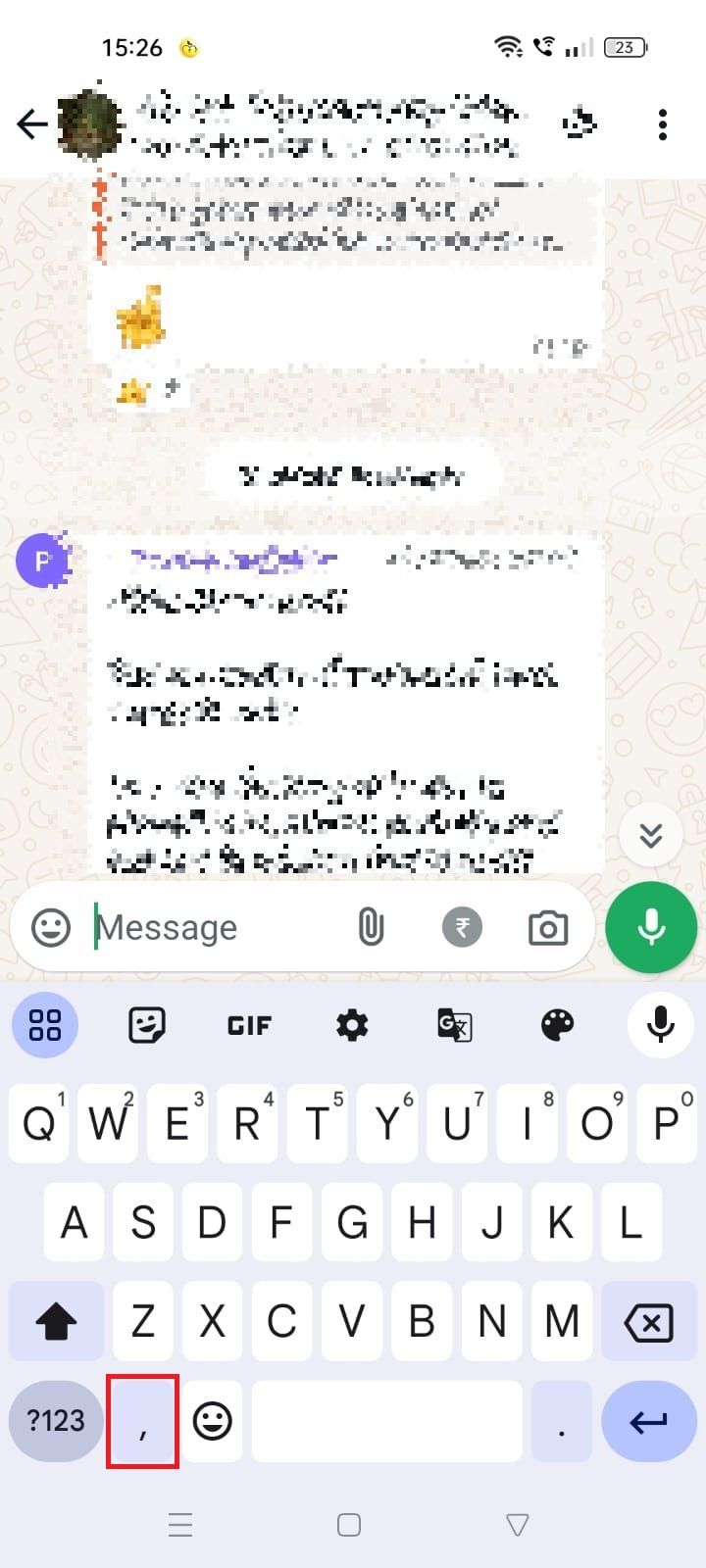 Captura de tela destacando a tecla vírgula no Gboard