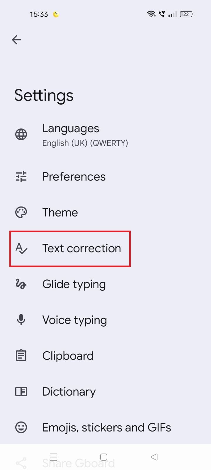 Captura de tela destacando a correção de texto nas configurações do Gboard