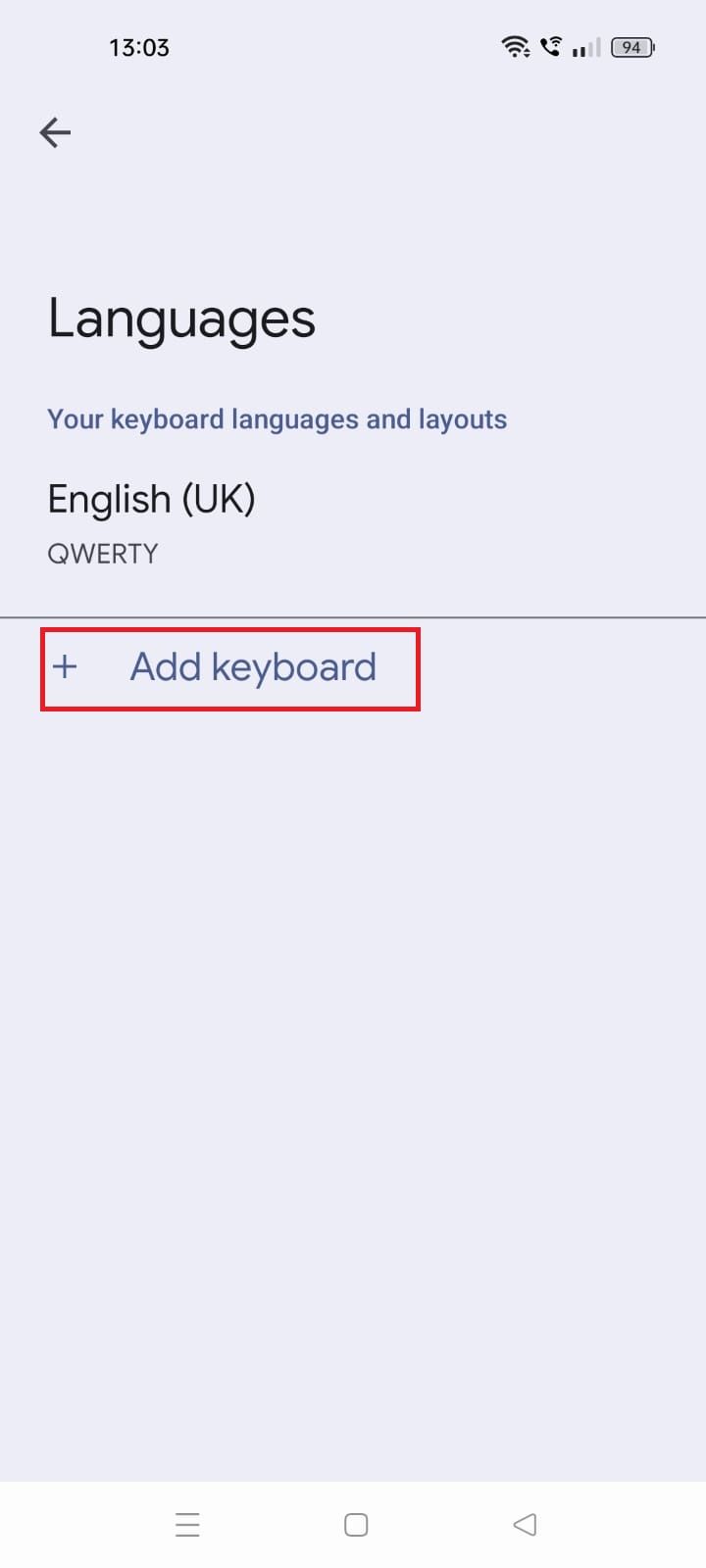 Captura de tela destacando Adicionar teclado nas configurações do Gboard