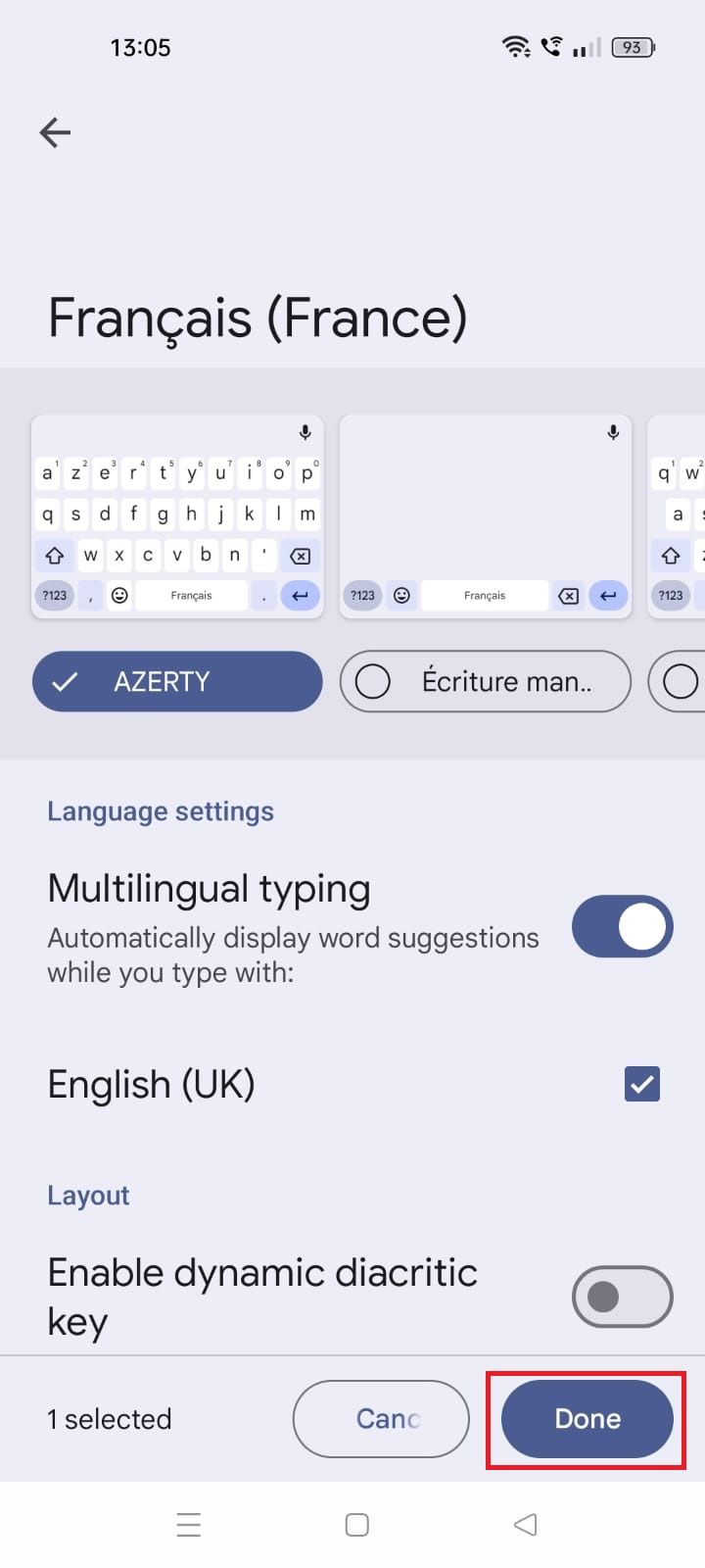 Captura de tela destacando Concluído nas configurações do Gboard