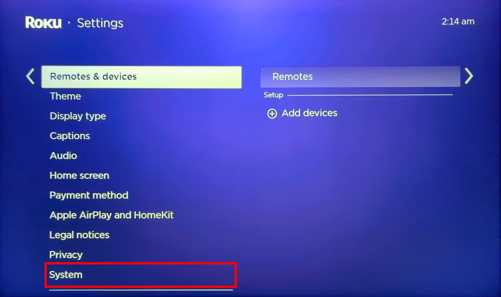 Interface de usuário do menu de configurações do Roku