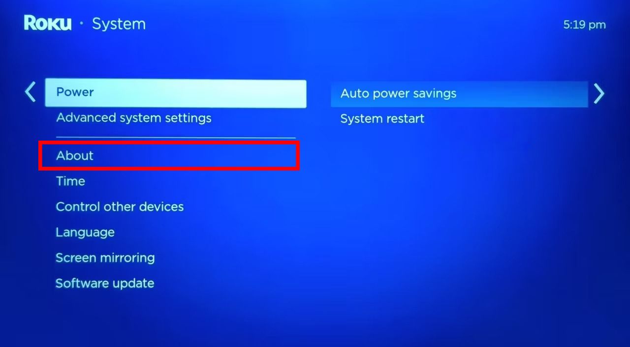 Interface de usuário de configurações do sistema Roku