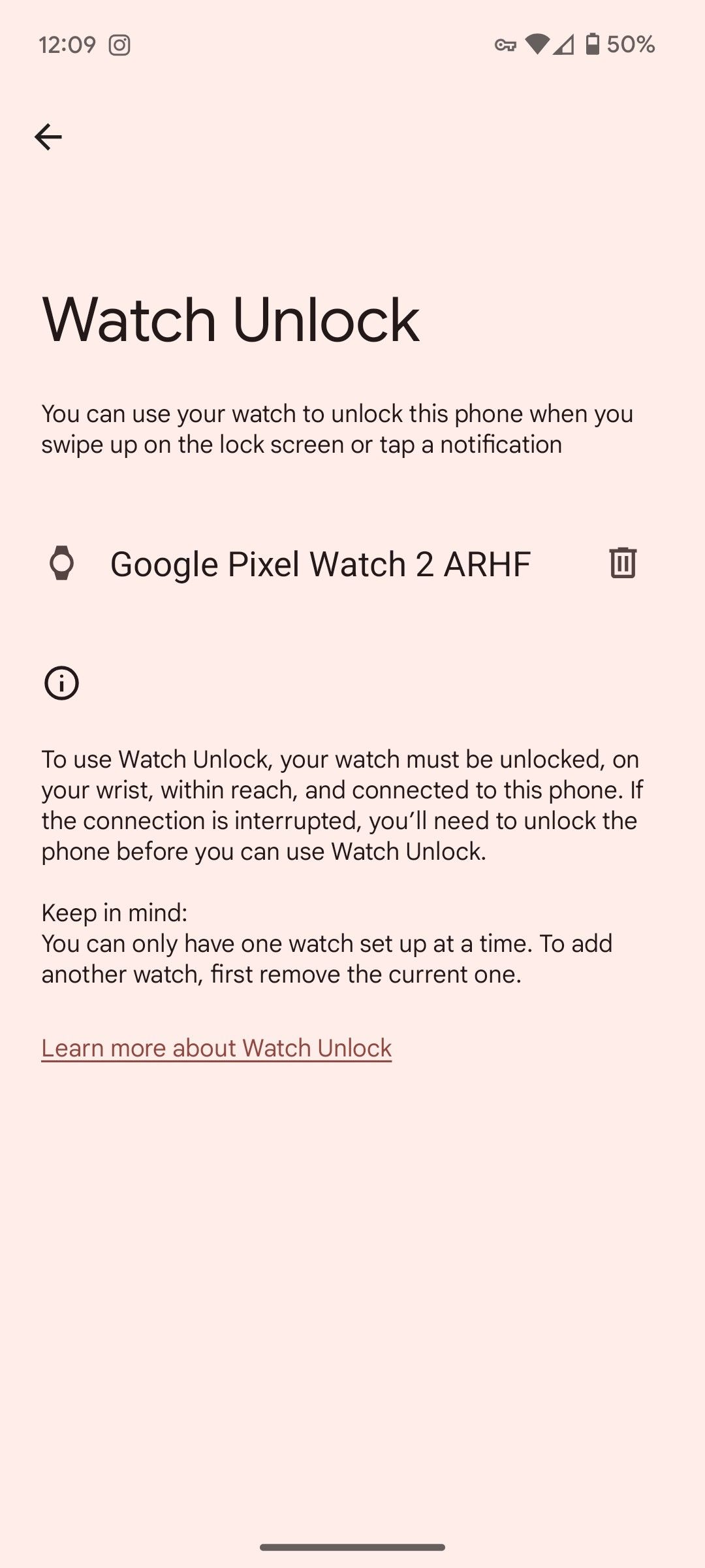 Configurações de desbloqueio do relógio no aplicativo Google Pixel Watch