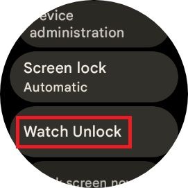 Configurações de segurança em um Google Pixel Watch com uma caixa vermelha ao redor da opção Desbloquear relógio