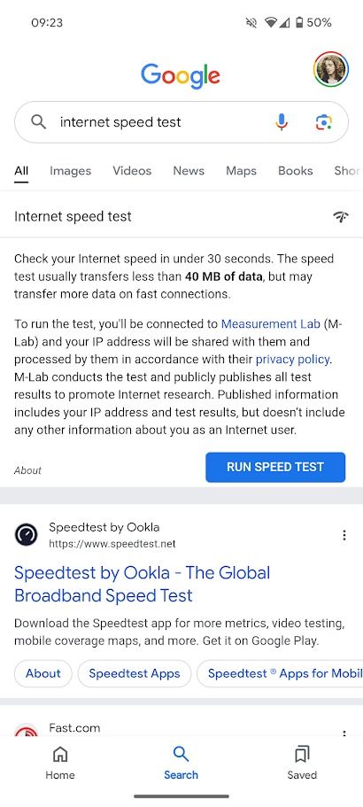 verificador de teste de velocidade da internet no aplicativo móvel do Google