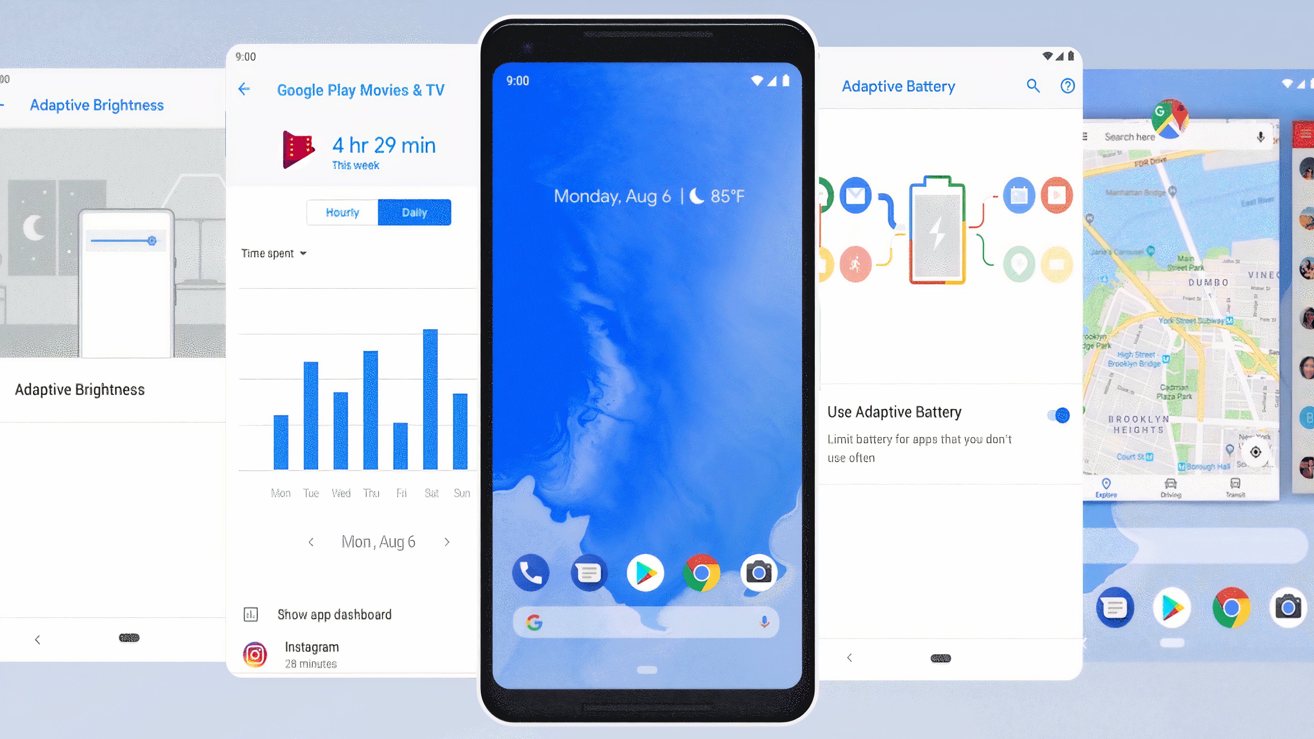 Uma imagem promocional das telas do Android 9 Pie em um fundo azul