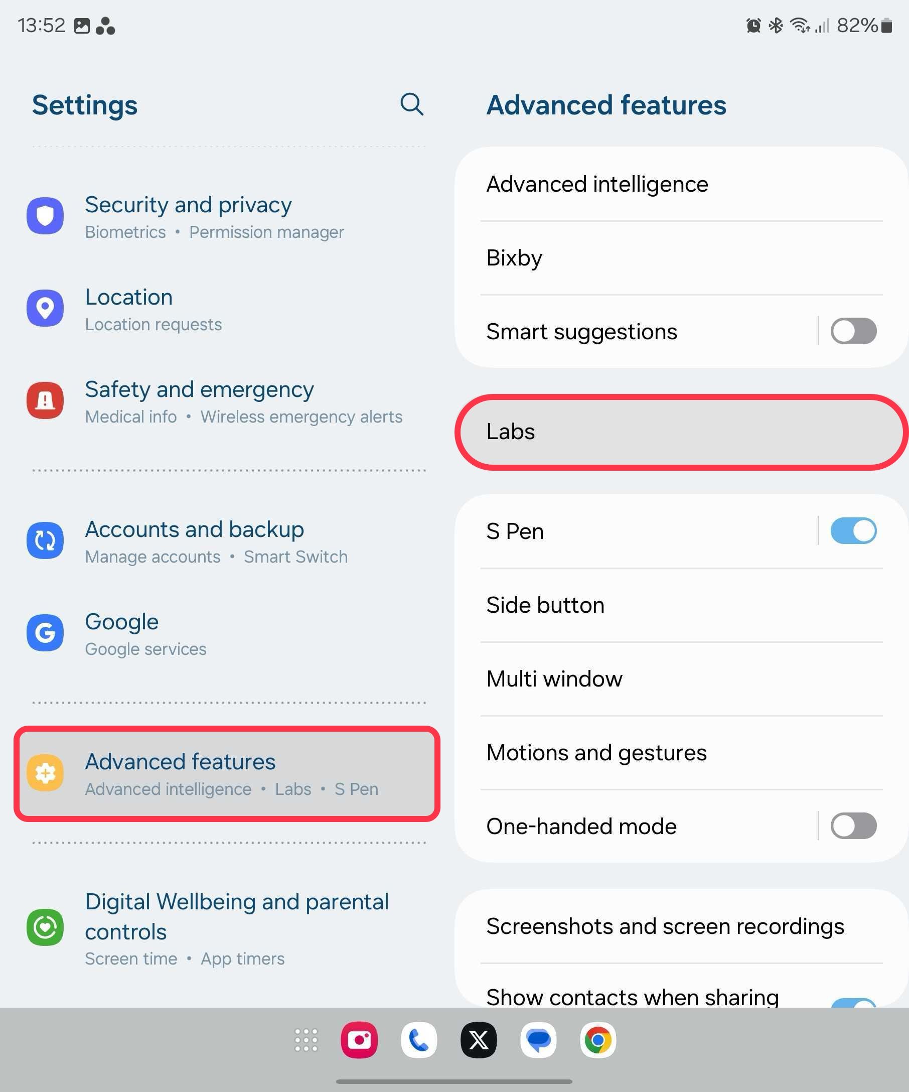 Captura de tela mostrando recursos avançados nas configurações do Z Fold 6