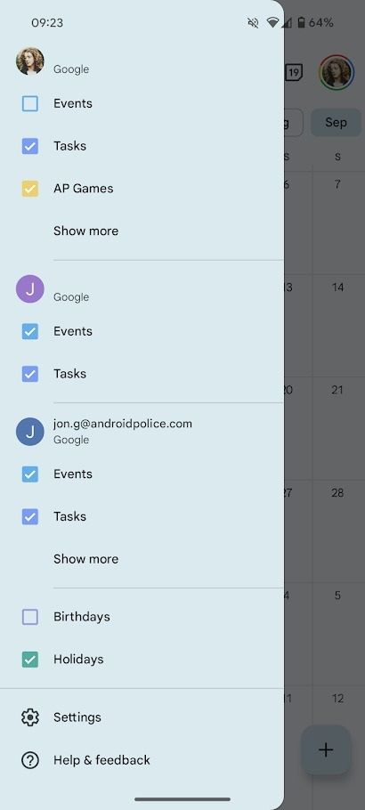 barra lateral de opções de calendário no aplicativo do Google Agenda para Android