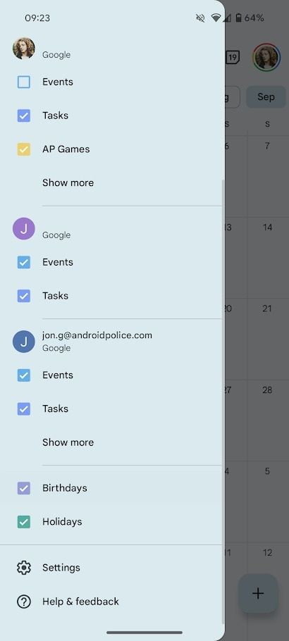 barra lateral de opções de calendário no aplicativo do Google Agenda para Android