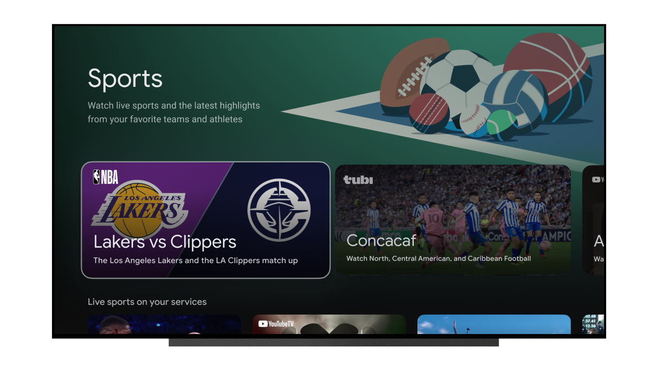 Captura de tela da nova página de esportes do Google TV.