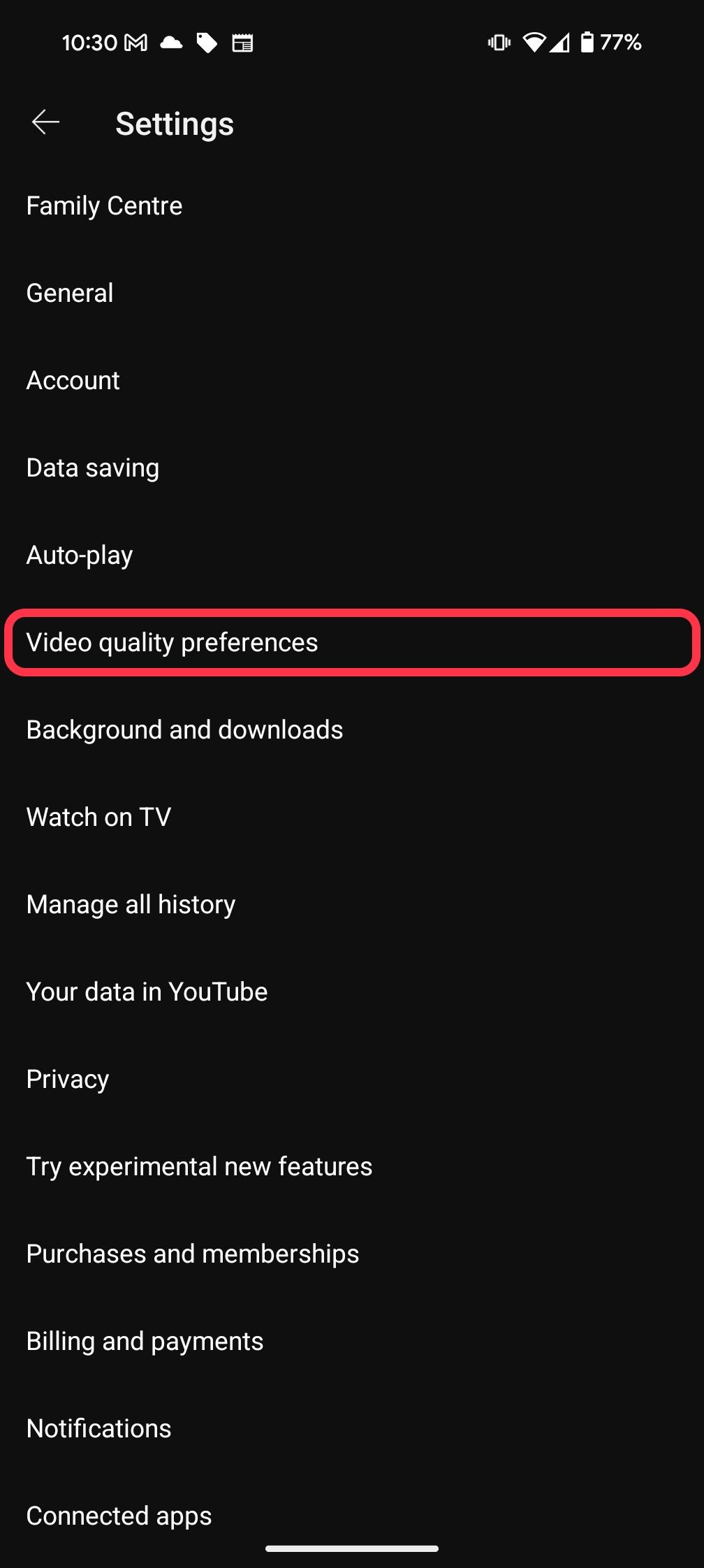 Configurações do aplicativo do YouTube mostrando as configurações de qualidade do vídeo