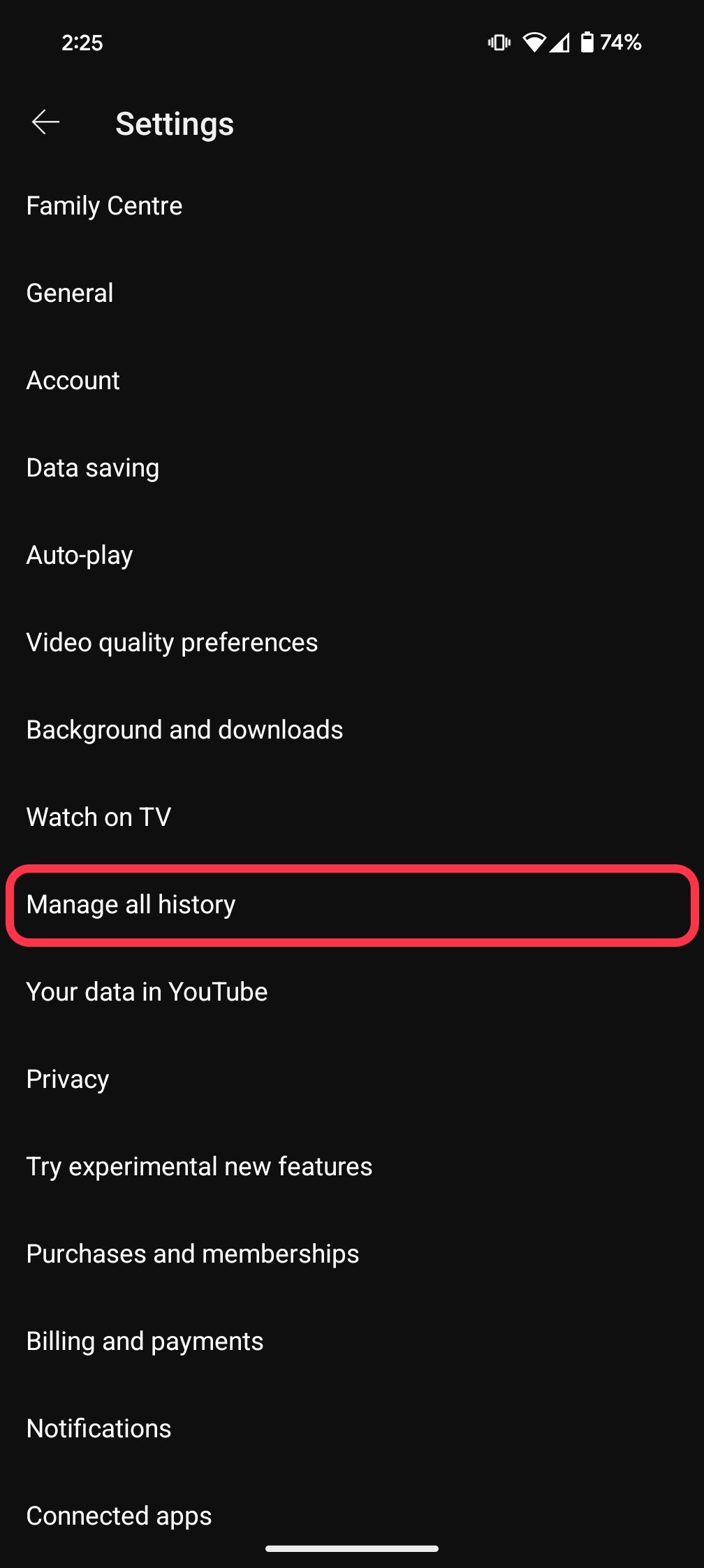 captura de tela mostrando as configurações de gerenciamento do histórico do YouTube