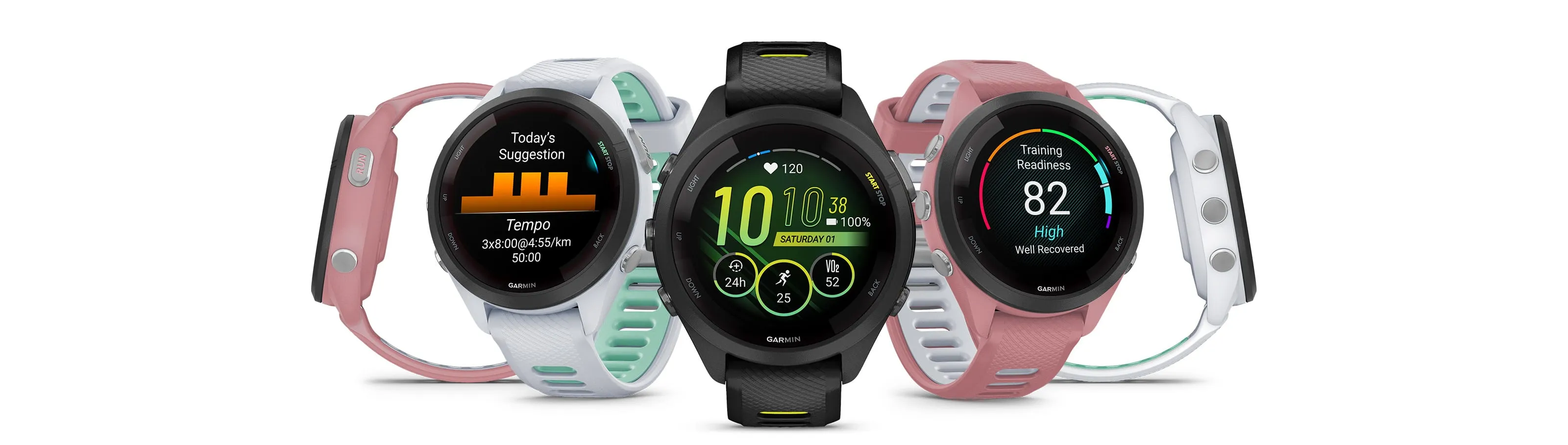 Coleção Garmin Forerunner 265s em preto, branco e rosa sobre um fundo branco