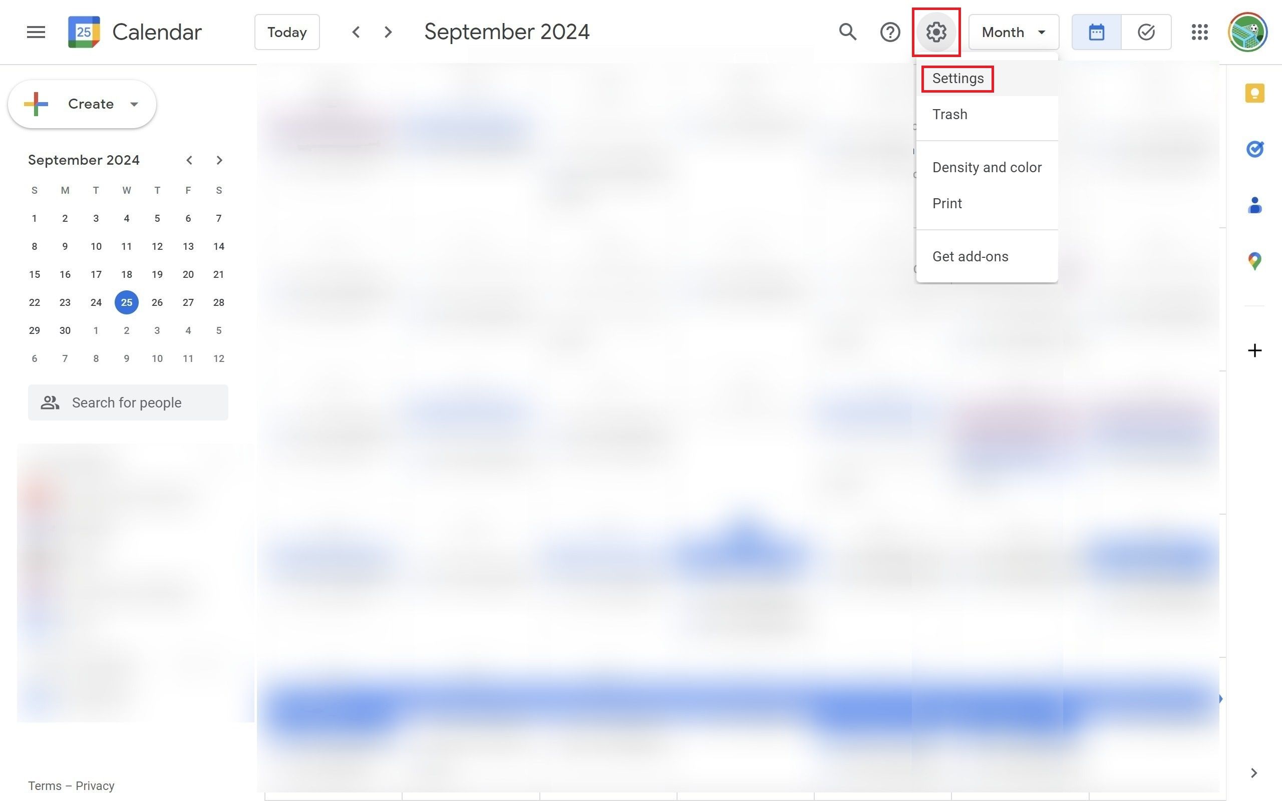 O site do Google Agenda com o menu Configurações aberto e uma caixa vermelha ao redor da engrenagem de configurações e da opção de configurações