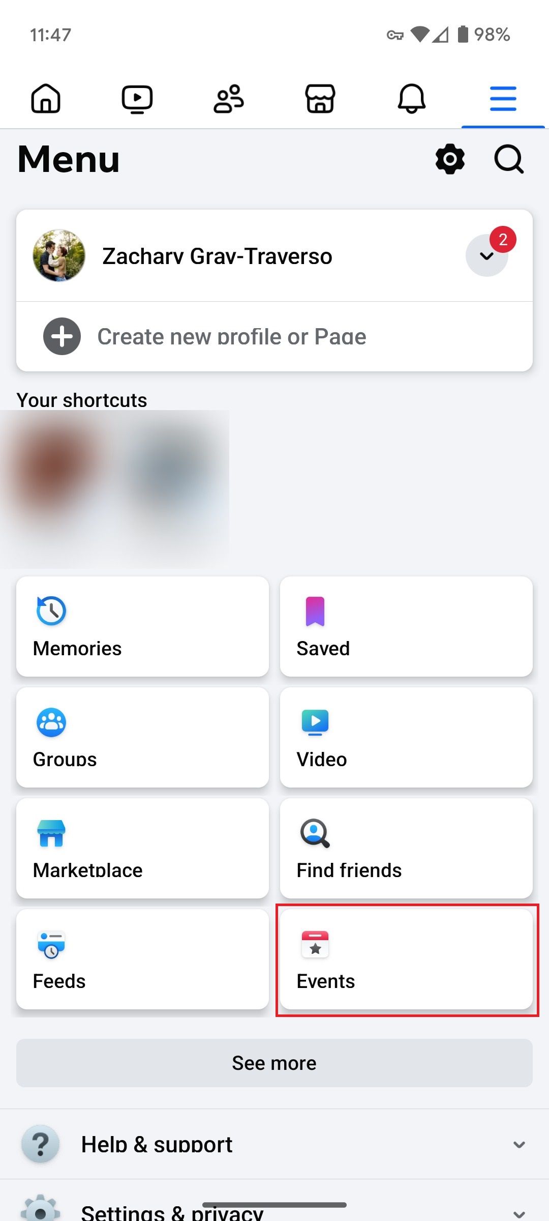 O menu no aplicativo do Facebook para Android com uma caixa vermelha ao redor da opção de eventos