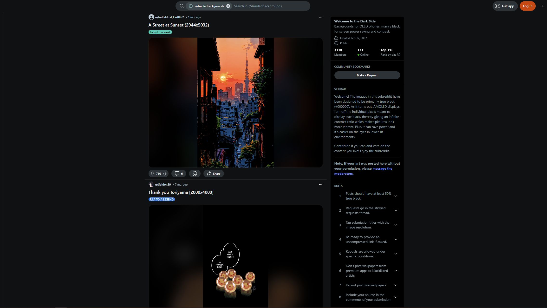 Uma captura de tela do subreddit r/AmoledBackgrounds