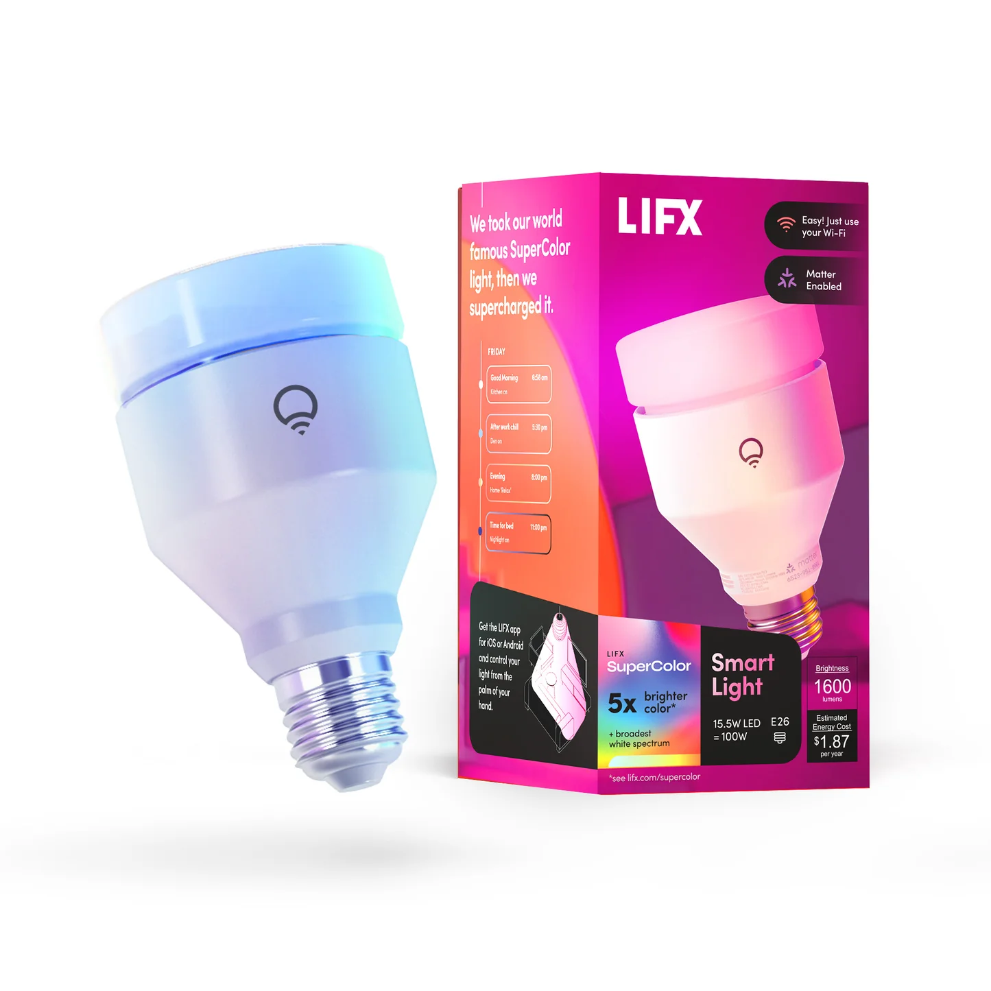 Lâmpada inteligente LIFX A21 SuperColor ao lado de sua embalagem