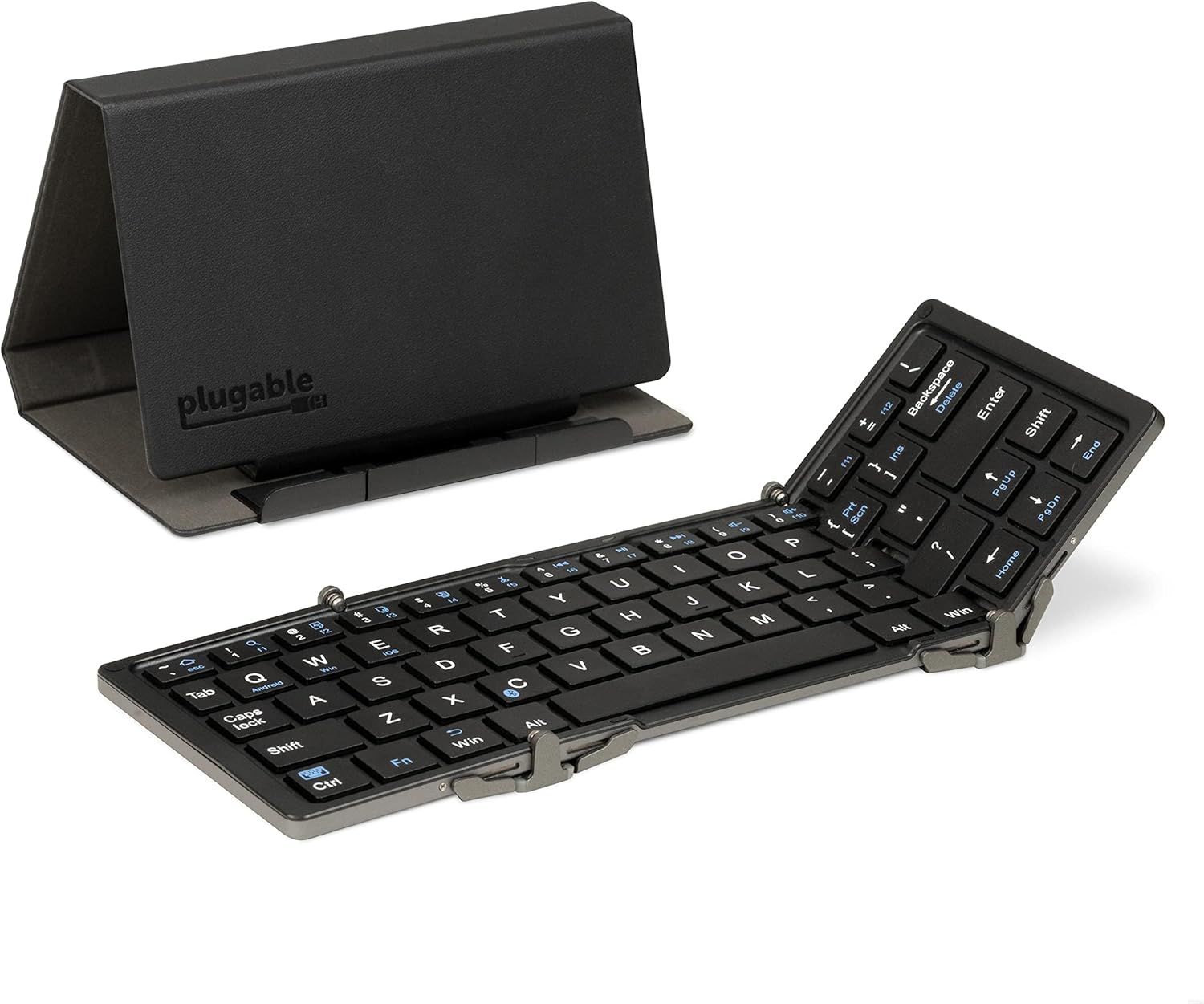 Teclado bluetooth preto dobrável plugável e suporte para telefone em fundo branco