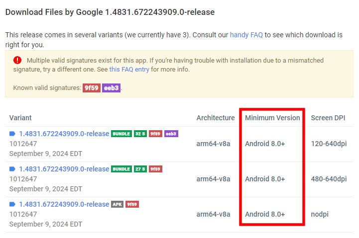 Uma captura de tela destacando o requisito de versão mínima do Files by Google: Android 8+.